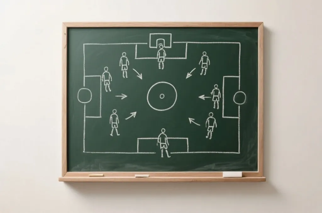 Tactical soccer blackboard with chalk drawings of player positions and arrows showing counter-attack movements